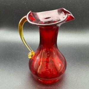 Amberina Handle  Ruffle Top Glass Pitcher  Red & Yellow Vintage 5”